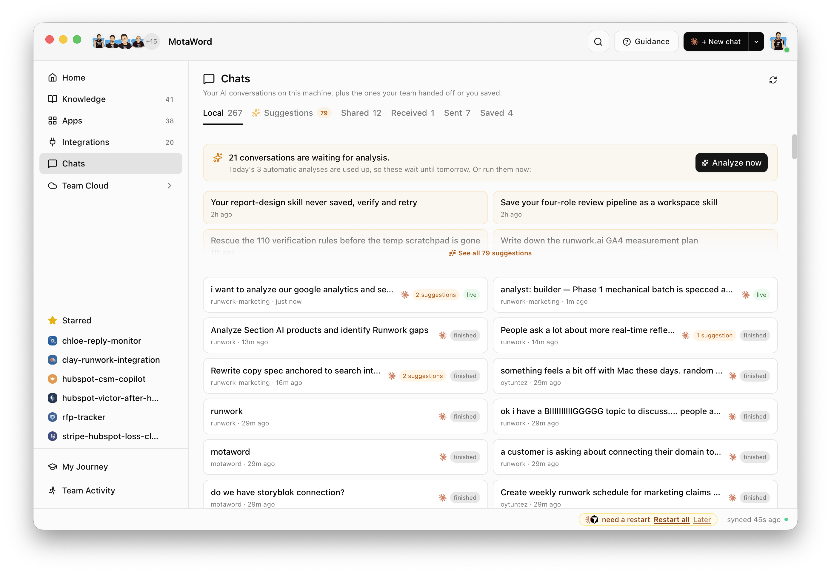 The Chats view in the desktop app, with tabs for Local, Suggestions, Shared, Received, Sent and Saved, listing recent AI conversations and the suggestions drawn from them