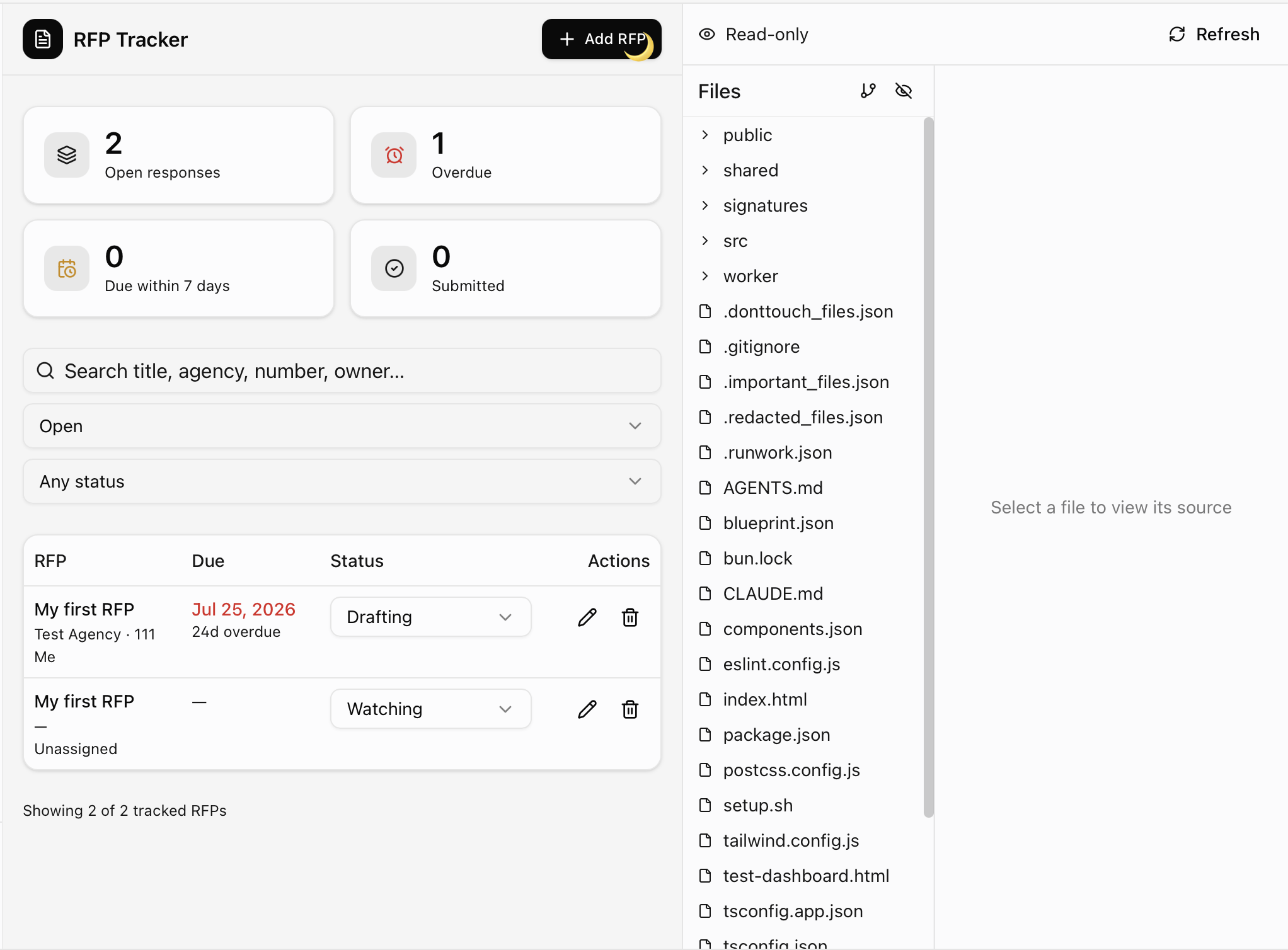 An app open beside its read-only file tree, listing the source, config and blueprint files behind it