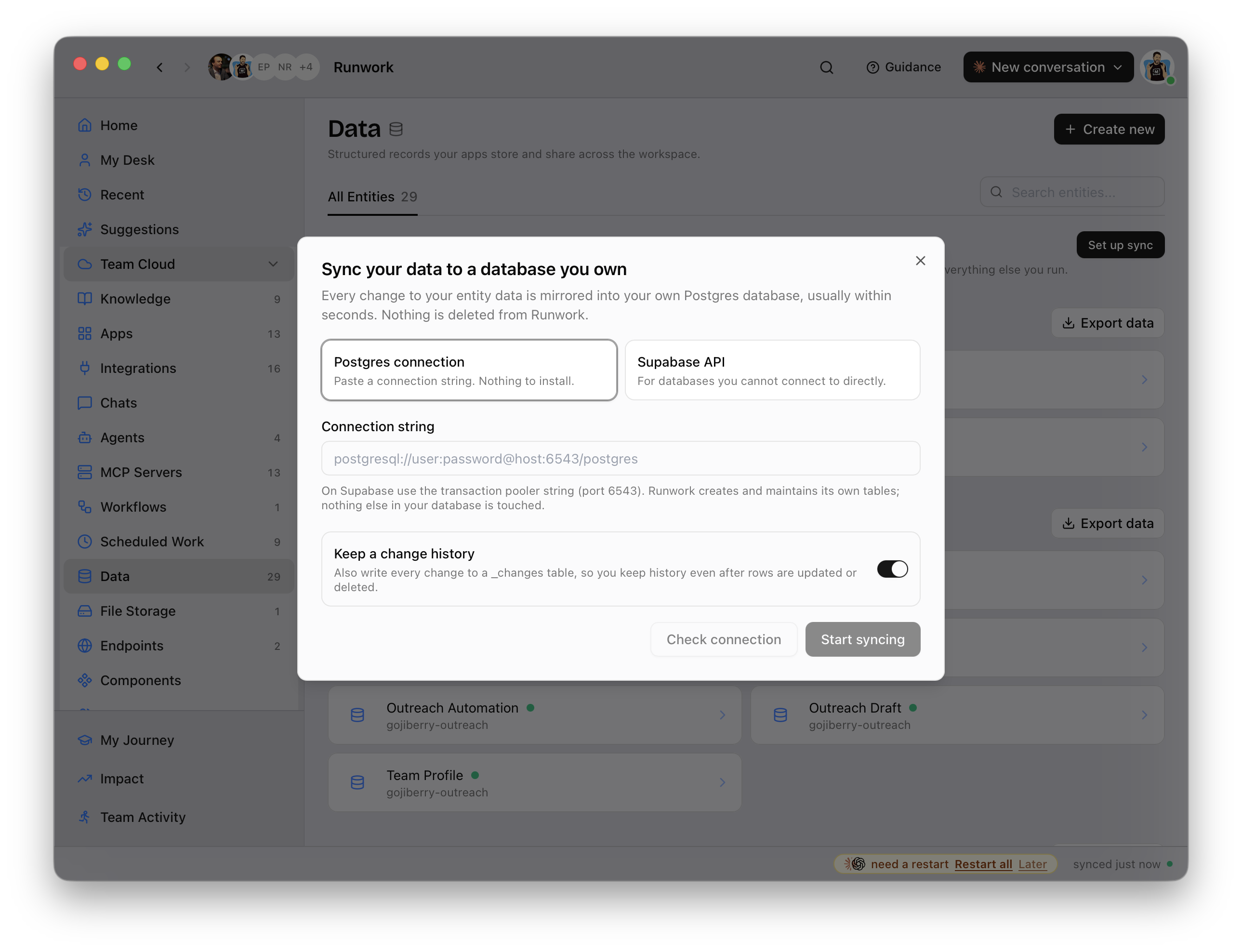 The Sync your data to a database you own dialog on the Data page, with a choice of Postgres connection or Supabase API, a connection string field, and a Keep a change history switch