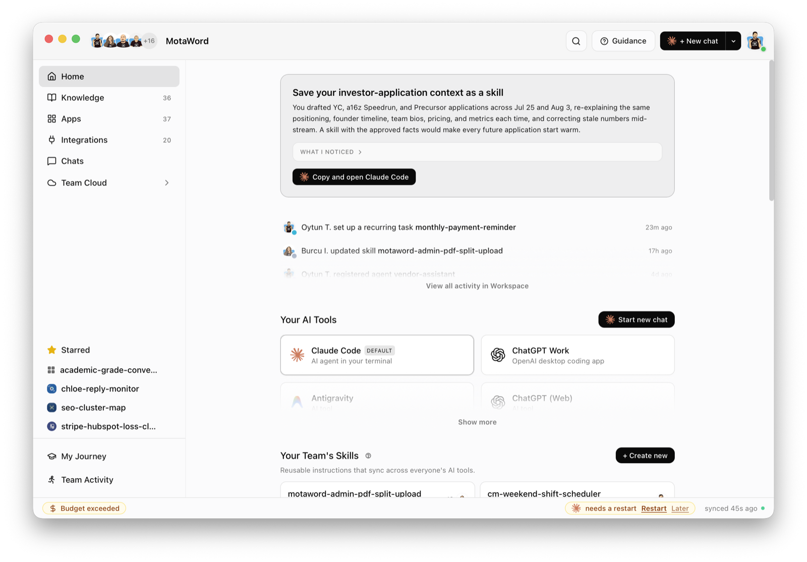 The redesigned Runwork desktop app home, with team activity, AI tools, and skills in one view